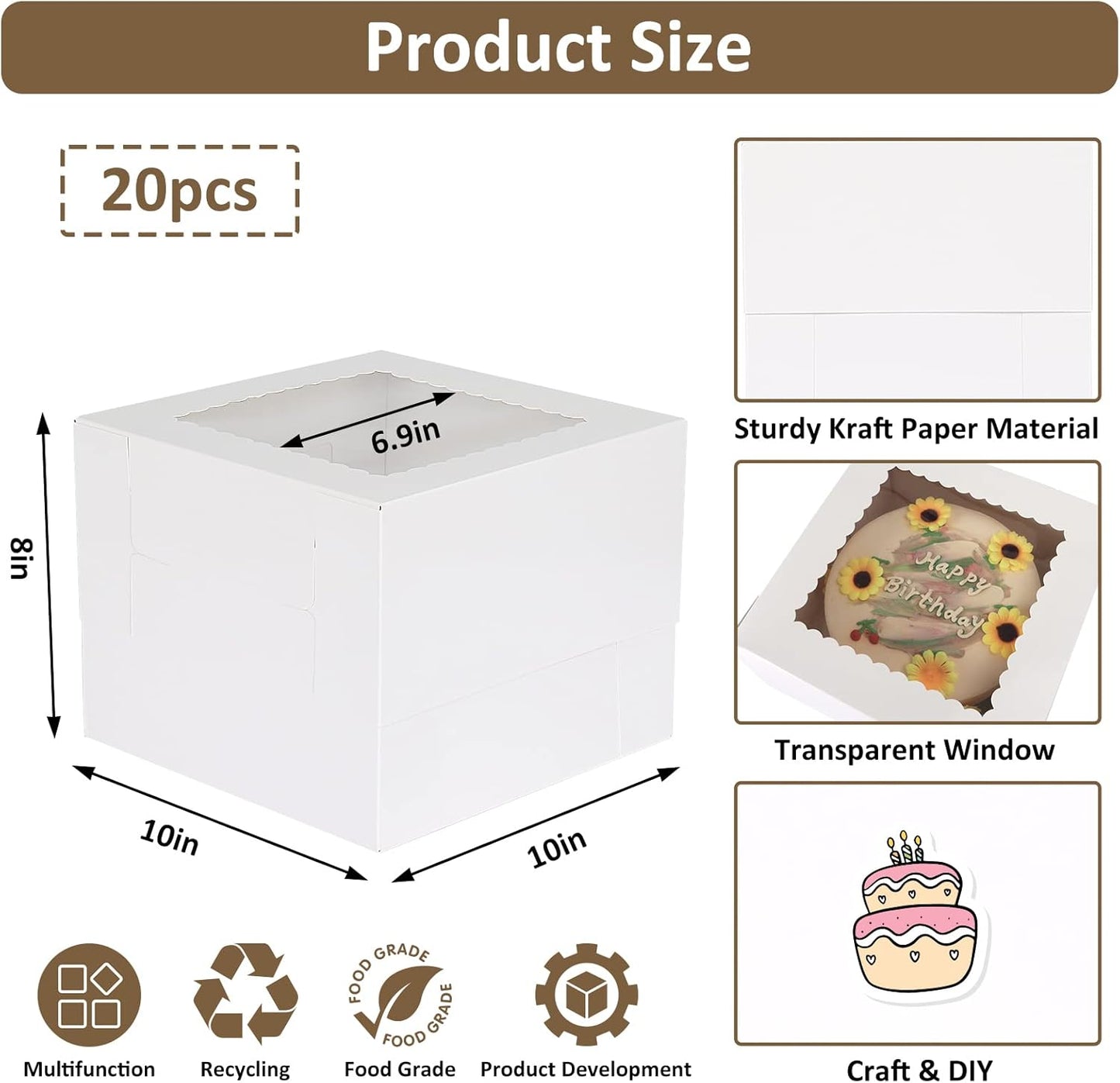 Moretoes Cake Boxes - 20pcs White Bakery Boxes with Window | 10x10x8 Inches for Pastries & Desserts