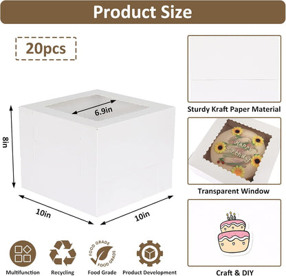 Moretoes Cake Boxes - 20pcs White Bakery Boxes with Window | 10x10x8 Inches for Pastries & Desserts