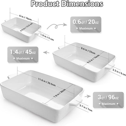 Regine Switzerland Casserole Dishes - Ceramic Baking Pan Set of 3 with Handles | Deep Porcelain Bakeware (11.6" x 7.8", White)