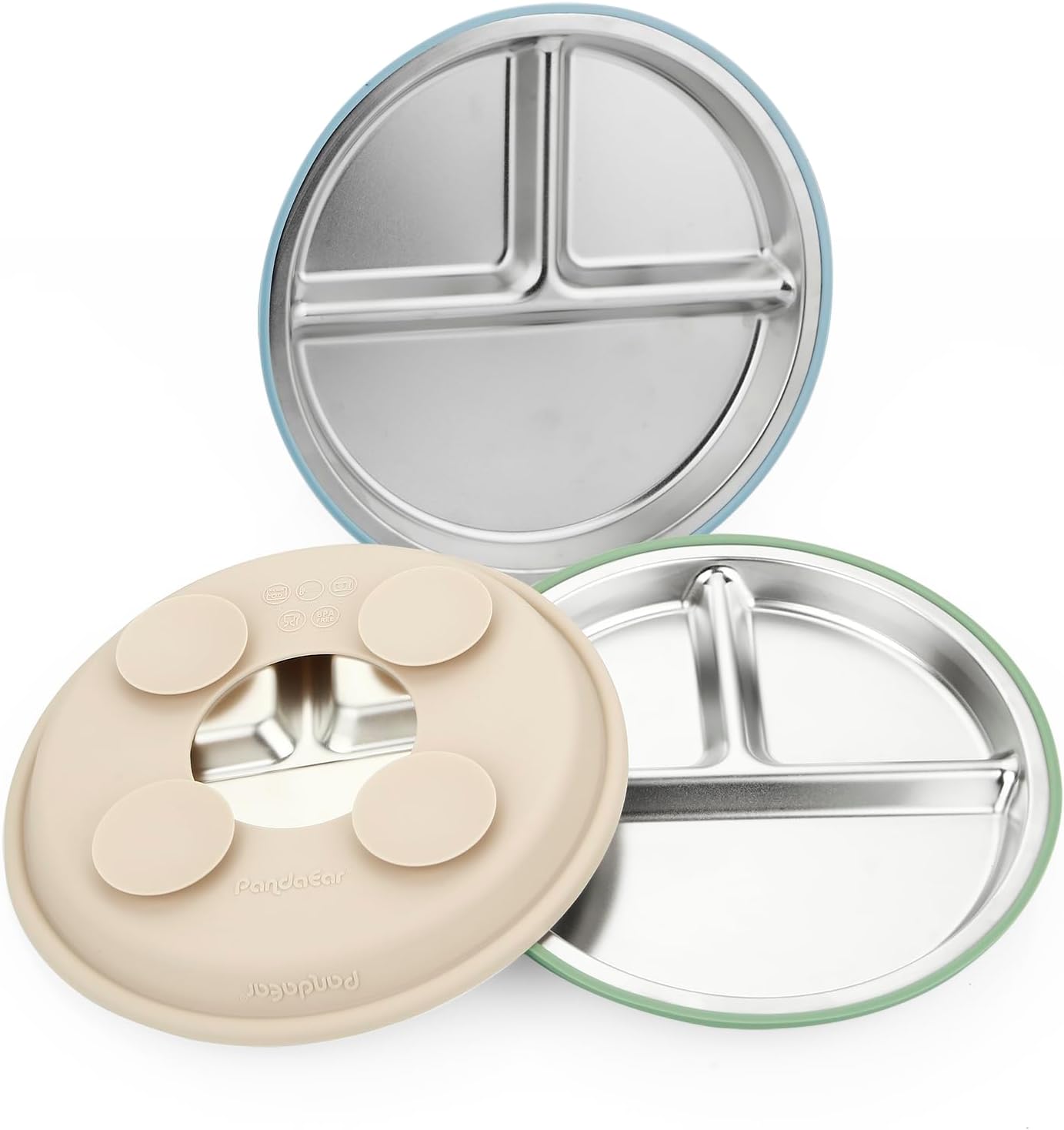 PandaEar Stainless Steel Baby Suction Plates - Divided Toddler Feeding Set | Dishwasher Safe (Blue/Green/Brown)
