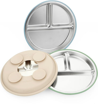 PandaEar Stainless Steel Baby Suction Plates - Divided Toddler Feeding Set | Dishwasher Safe (Blue/Green/Brown)