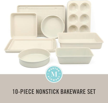 Martha Stewart Gallen 10-Piece Non-Toxic Ceramic Baking Pans Set | PFA-Free Non-Stick Bakeware - Linen White
