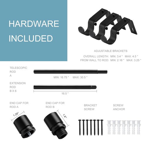Byondeth Curtain Rods for Windows 16 to 120 Inches Adjustable Length 1 Inch Diameter Window Curtain Rod with Aluminium Finials, Black
