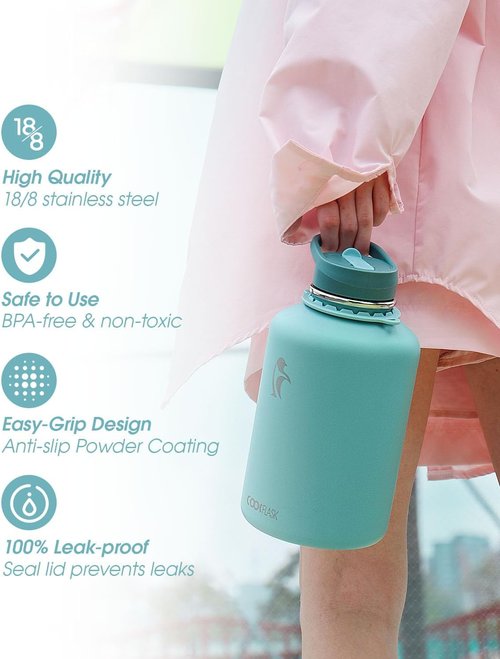 Coolflask Insulated Water Bottle - 64 oz Half Gallon Jug with Straw & Spout Lids | Keeps Drinks Cold for 48h, Hot for 24h, Leak Proof, Non-BPA, Agate Green