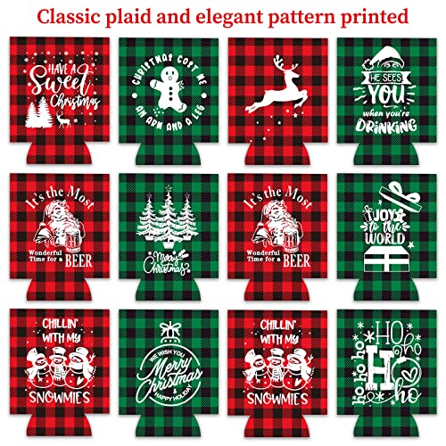 12 Pack Christmas Beer Can Sleeves with Holiday Designs - Hot Cold Drink Insulation