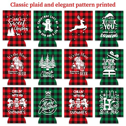 12 Pack Christmas Beer Can Sleeves with Holiday Designs - Hot Cold Drink Insulation