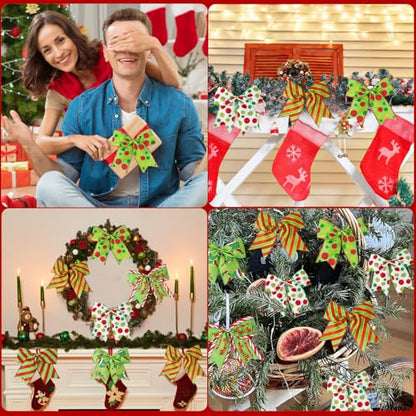 Green Christmas Bow Set - 12pcs 6 Inch Holiday Wreath & Gift Wrap Decorations
