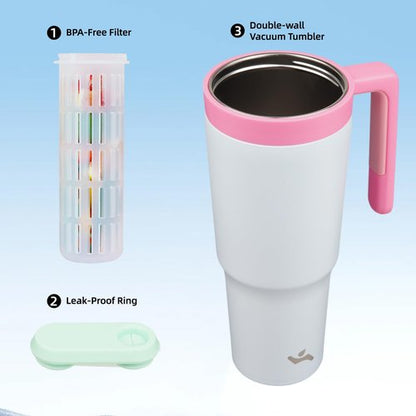 Insulated Tumbler with Handle and Straw,40 OZ Vacuum Stainless Steel Water Bottle Travel Mug Metal Cup with Fruit Diffuser,Pink Grey