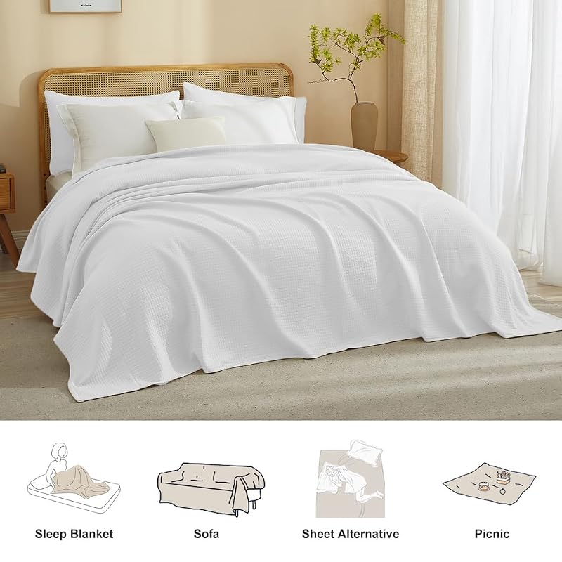 Queen Cotton Blend Jersey Knit Quilted Blanket - White, 90x90 Inches