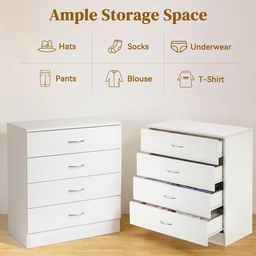 Karl home 4 Drawer Dresser for Bedroom, Small Chests of Drawers Modern Nightstand, White Dresser Chest with 4 Storage Drawers, Dressers for Nursery, Hallway, Living Room, Closet