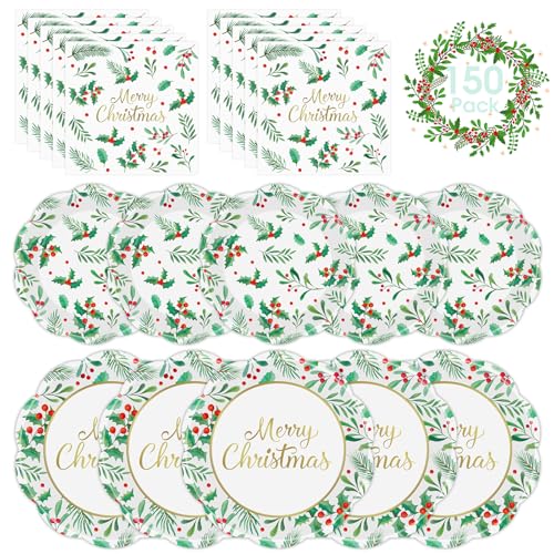 Christmas Disposable Paper Plates and Napkins Set - 150 Pcs Holiday Tableware - Merry Christmas Holiday Decorations - Variation: Christmas-150p