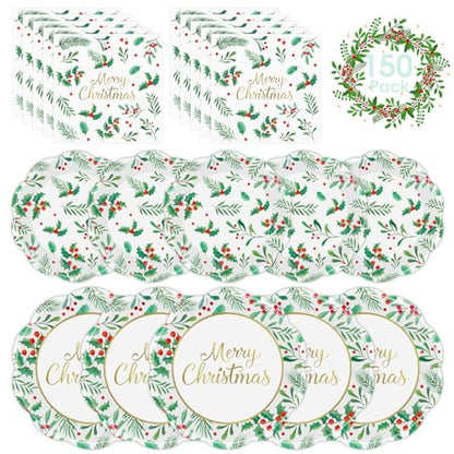Christmas Disposable Paper Plates and Napkins Set - 150 Pcs Holiday Tableware - Merry Christmas Holiday Decorations - Variation: Christmas-150p