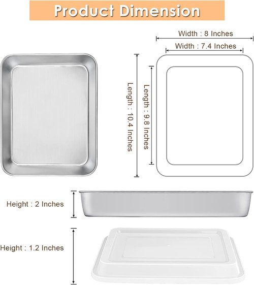 E-far Toaster Oven Baking Pan Set - Stainless Steel Rectangle Sheet Cake Pans with Lids | 10.4” x 8” x 2”