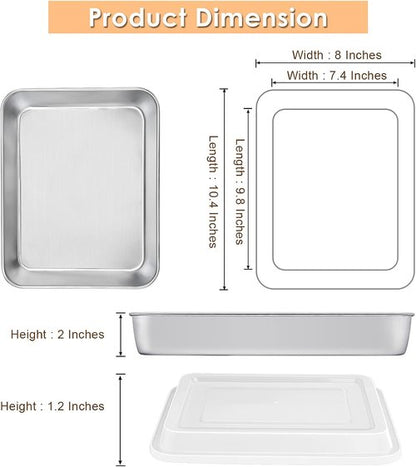 E-far Toaster Oven Baking Pan Set - Stainless Steel Rectangle Sheet Cake Pans with Lids | 10.4” x 8” x 2”