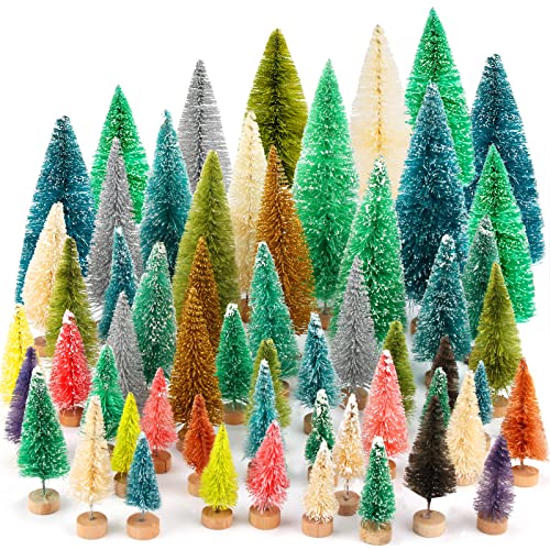 50 Pcs Mini Christmas Tree Set - MixColor Bottle Brush Trees with Wooden Bases