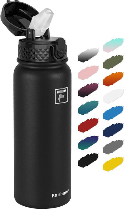 Fanhaw 20 Oz Insulated Stainless Steel Water Bottle - Leakproof Straw Lid | Black Sports Bottle for All