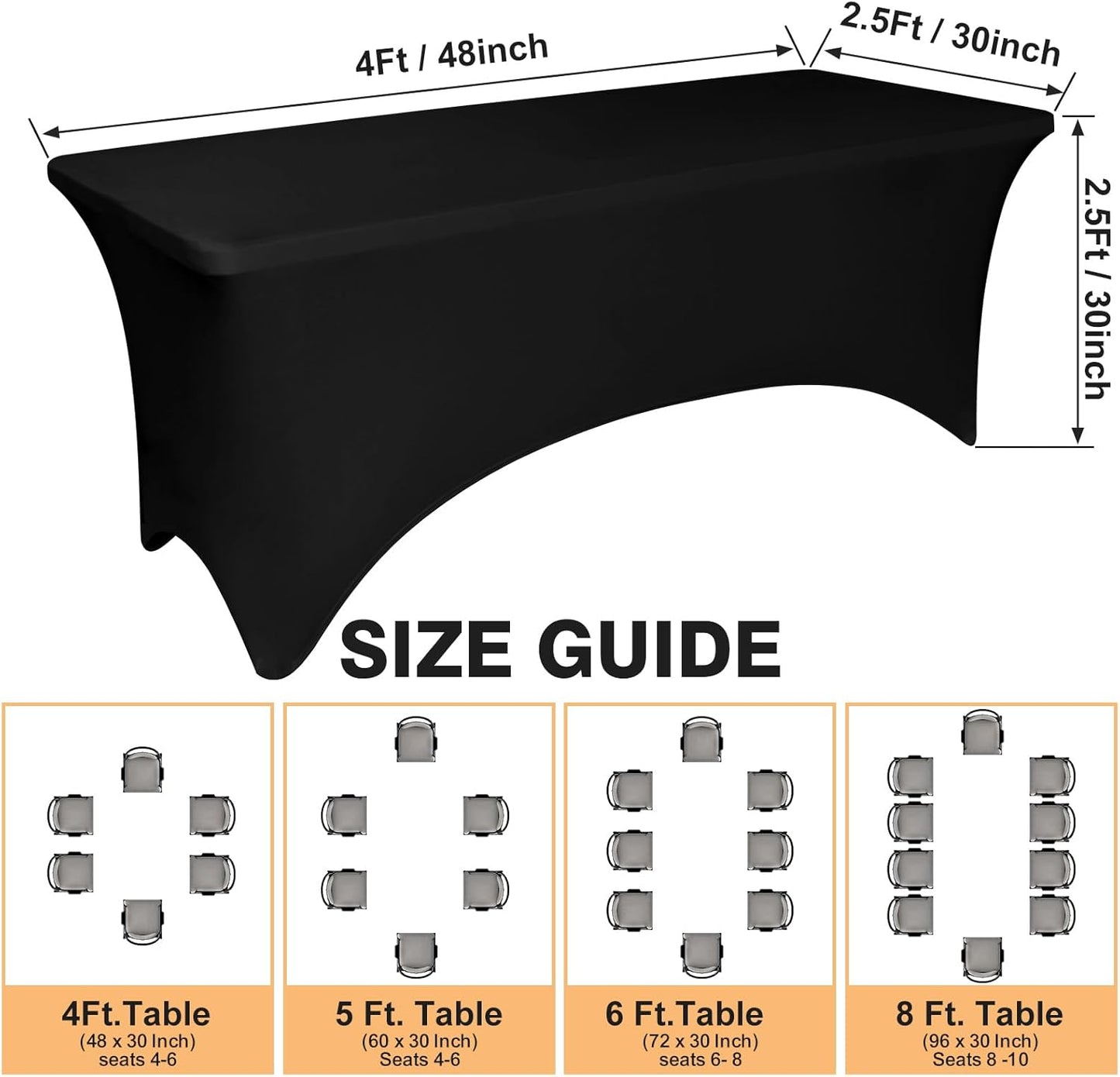 Skiennix 4-Foot Black Spandex Tablecloth - Fitted & Stretch, Washable, Wrinkle Resistant for Events & Parties