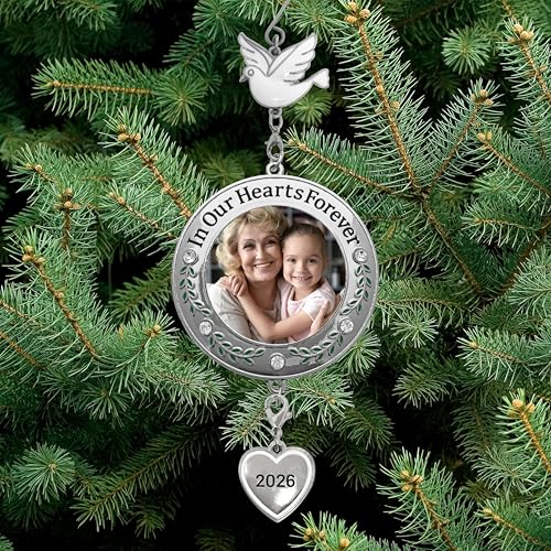Memorial Christmas Photo Ornaments Set of 4 - Heartfelt Keepsakes for 2026 - Clear Gems & Floral Accents - Includes Gift Bags - 3" Diameter