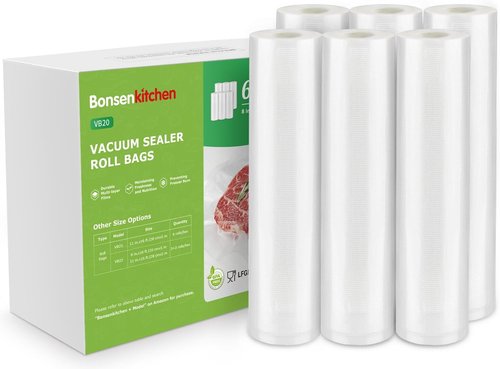 Bonsenkitchen Vacuum Sealer Bags - 6 Rolls, 8" x 16', BPA Free, Ideal for Food Storage & Sous Vide