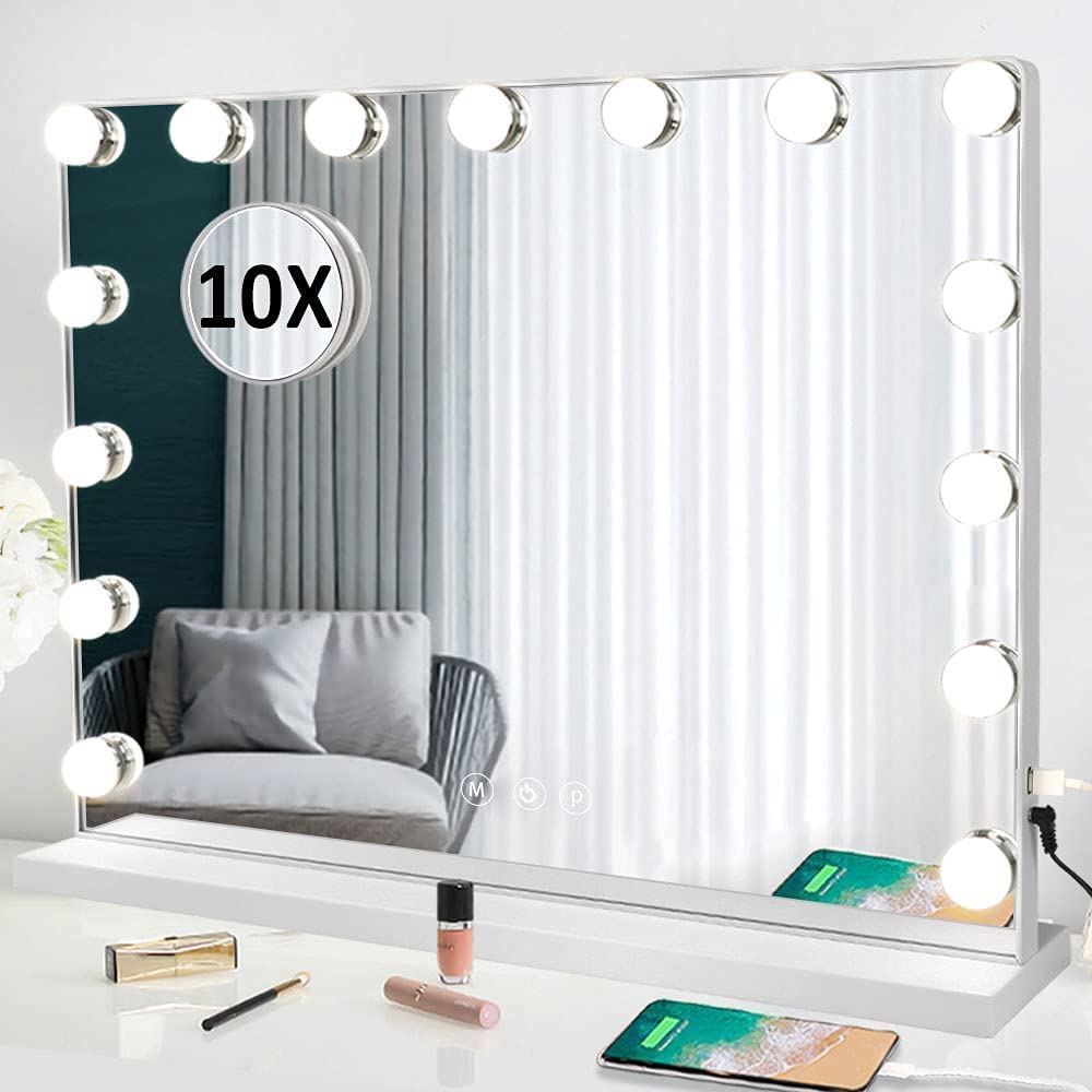 Depuley Vanity Mirror with Lights, 23In Hollywood Large Lighted Makeup Mirror with Smart Touch Control Screen & USB-Powered 15 Dimmable LED Lights for Dressing Room, Bedroom, Tabletop, White