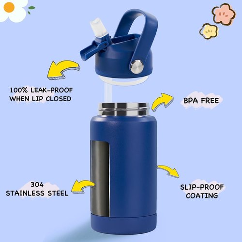 Kerilyn Kids Water Bottle - 12oz Stainless Steel Insulated Cup with Straws | Leak-Proof, BPA Free, Blue