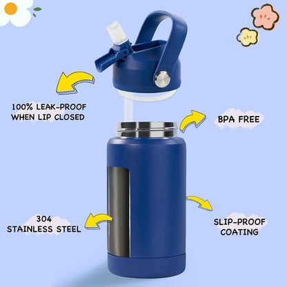 Kerilyn Kids Water Bottle - 12oz Stainless Steel Insulated Cup with Straws | Leak-Proof, BPA Free, Blue