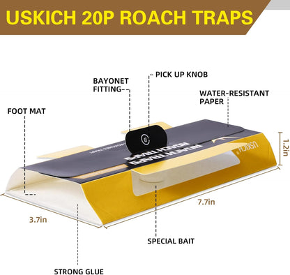 Skiennix Roach Traps - 20 Pack Indoor Glue Traps, Safe for Children & Pets | Effective Cockroach Control