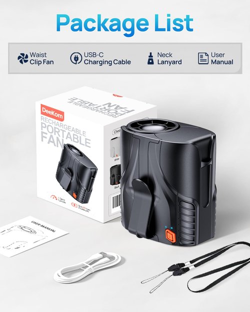 DeeKom Portable Personal Waist Fan& Neck Fan, 14000RPM Brushless Motor, 40H Runtime Rechargeable, 6-Speed Quiet Operation, Clip-On Personal Body Cooling for Camping/Worksites/Outdoor