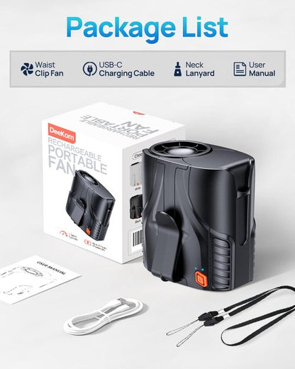 DeeKom Portable Personal Waist Fan& Neck Fan, 14000RPM Brushless Motor, 40H Runtime Rechargeable, 6-Speed Quiet Operation, Clip-On Personal Body Cooling for Camping/Worksites/Outdoor
