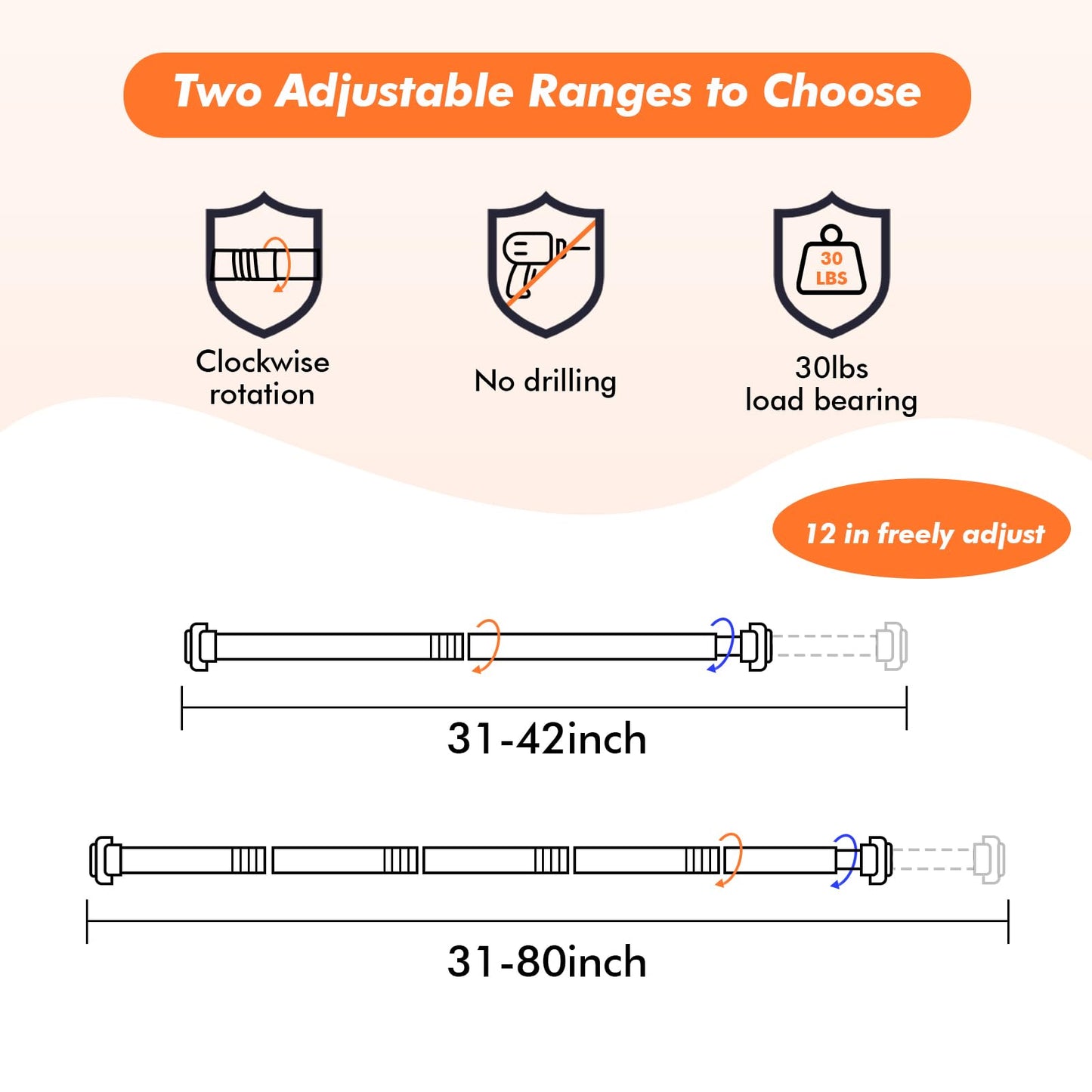 Shower Curtain Rod 31-80 in Adjustable Curtain Rod No Drilling Tension Shower Rod Stainless Steel for Bathroom Room Divider, White