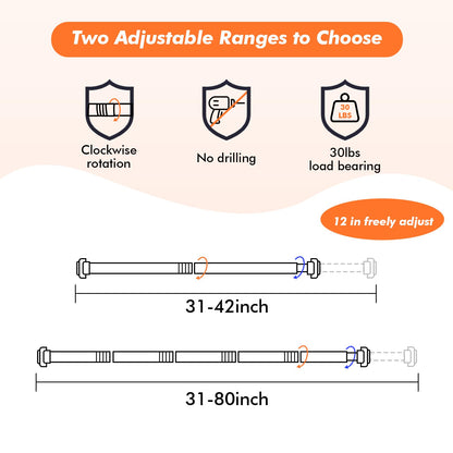 Shower Curtain Rod 31-80 in Adjustable Curtain Rod No Drilling Tension Shower Rod Stainless Steel for Bathroom Room Divider, White