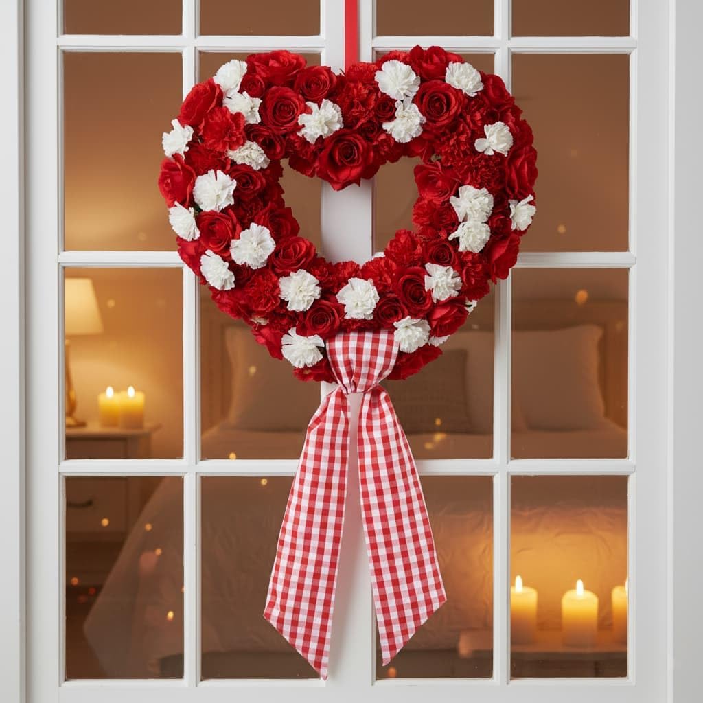 Red White Plaid Wreath - Sash Front Door Decoration for Christmas & Valentine’s Day | Farmhouse Home Decor