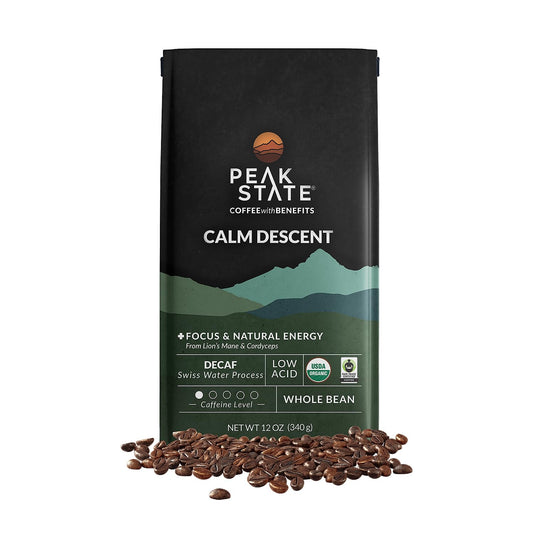 Peak State Coffee with Benefits - Organic Decaf Coffee Beans - CALM DESCENT Swiss Water Process Decaf with Lion's Mane & Cordyceps - Mushroom Coffee Decaf - Organic- Mold Free, Pesticide Free, Non-GMO, Low Acid (12 oz, Whole Bean - $1.13/cup)