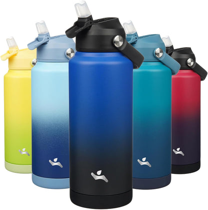 Skiennix Insulated Water Bottle - 32 oz Stainless Steel with Straw Lid & Silicone Handle - Black/Blue