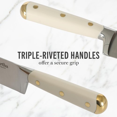 Martha Stewart 16-Piece Knife Block Set - High Carbon Stainless Steel Chef Knives with Acacia Wood Block, Linen White & Gold