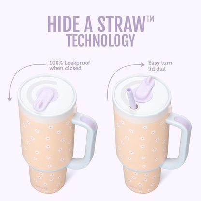 Ello Oasis 40 oz Tumbler - Insulated Stainless Steel Cup with Handle & Straw | 24-Hour Cold Retention, Daisies