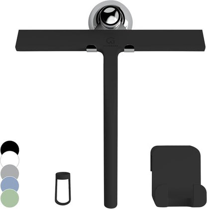 GÜTEWERK Silicone Shower Squeegee - Streak-Free Glass & Mirror Cleaner | 3-in-1 No-Drill Mount, Black, 9''