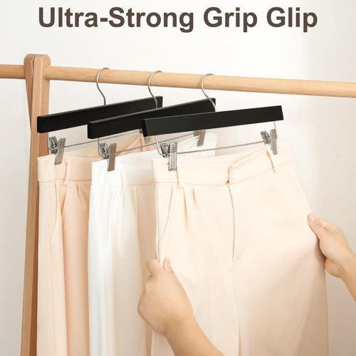 BAGAIL 20-Pack Wooden Pants Hangers - Adjustable Clips & 360° Swivel Hook | Space-Saving Skirt Holders (Black)