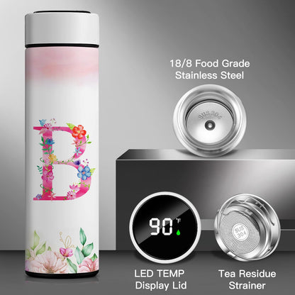 Personalized 16oz Initial Water Bottle,Smart Sport Water Bottle with LED Temperature Display,Customized Letter Coffee Thermos,Travel Coffee Mug (B)