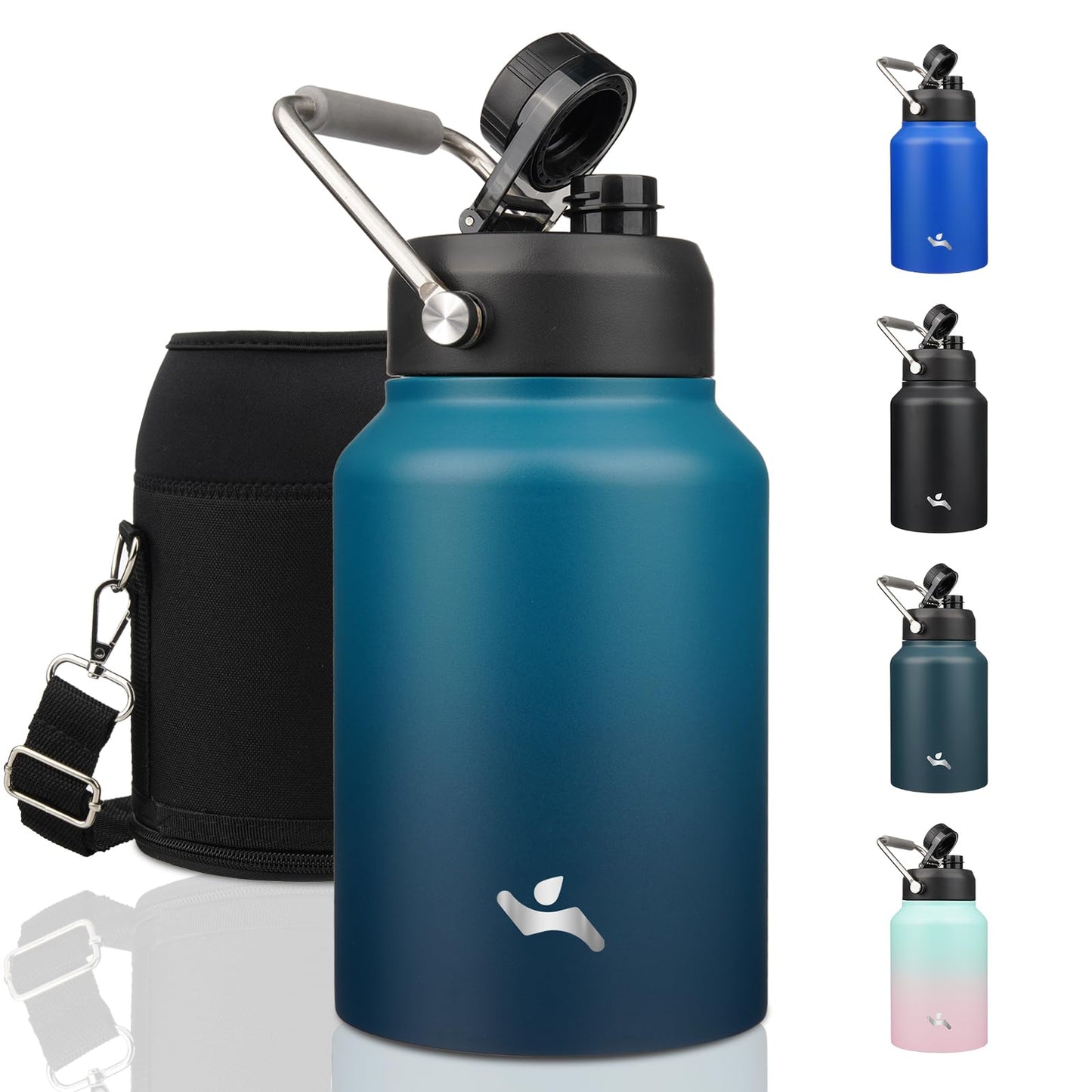 Half Gallon Jug with Handle,64oz Insulated Water Bottle with Carrying Pouch,Double Wall Vacuum Stainless Steel Metal Bottle,Indigo Black