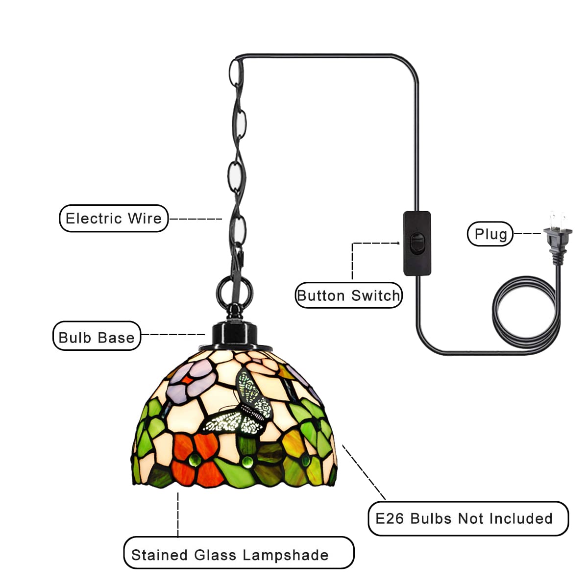 ZJART Small Tiffany Pendant Light Plug in Stained Glass Swag Lamp 8X8X181 Inch Hanging Lamp (Flowers Butterfly for Dining Room Living Room