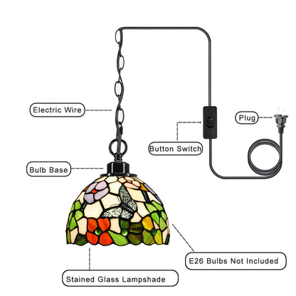 ZJART Small Tiffany Pendant Light Plug in Stained Glass Swag Lamp 8X8X181 Inch Hanging Lamp (Flowers Butterfly for Dining Room Living Room