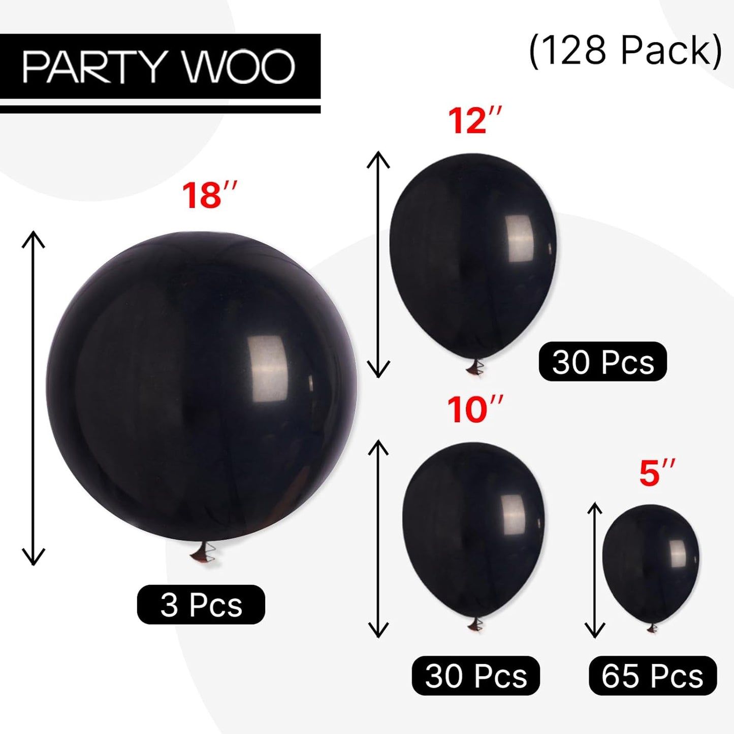 PartyWoo Black Balloons - 128-Piece Arch Kit with Various Sizes for Baby Showers & Parties | 5-18 Inch