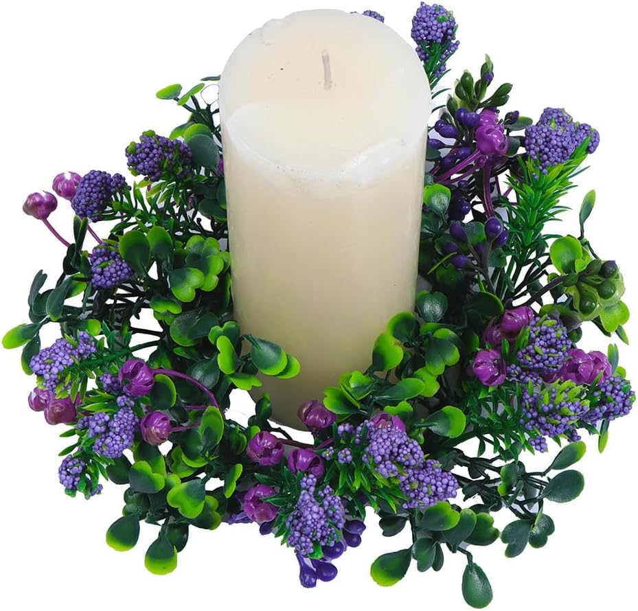 Skiennix 2-Piece Artificial Lavender Flower Wreaths - Eucalyptus Leaf Candle Rings | 3-Inch for Pillar Candles (Purple)