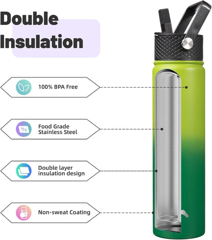Skiennix Insulated Water Bottle - 24oz Stainless Steel Sport Bottle with 3 Lids | Bamboo Grove Design
