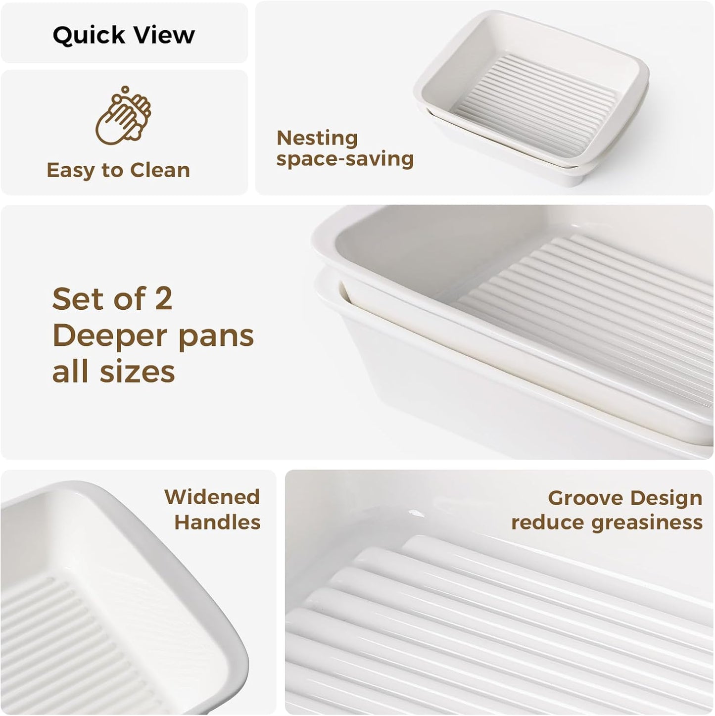 Skiennix 9x13 Baking Dish Set of 2 - Deep 3.75 Qt Porcelain Casserole Dish with Handles | Oven & Microwave Safe, White