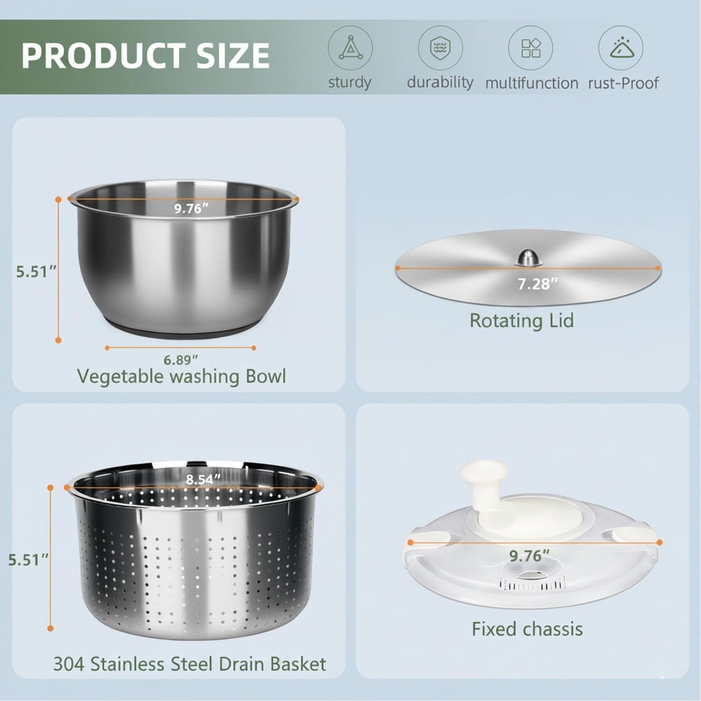 Skiennix 6L Stainless Steel Salad Spinner - Non-Slip Base & Multi-Use Vegetable Strainer
