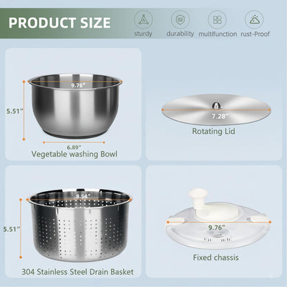 Skiennix 6L Stainless Steel Salad Spinner - Non-Slip Base & Multi-Use Vegetable Strainer