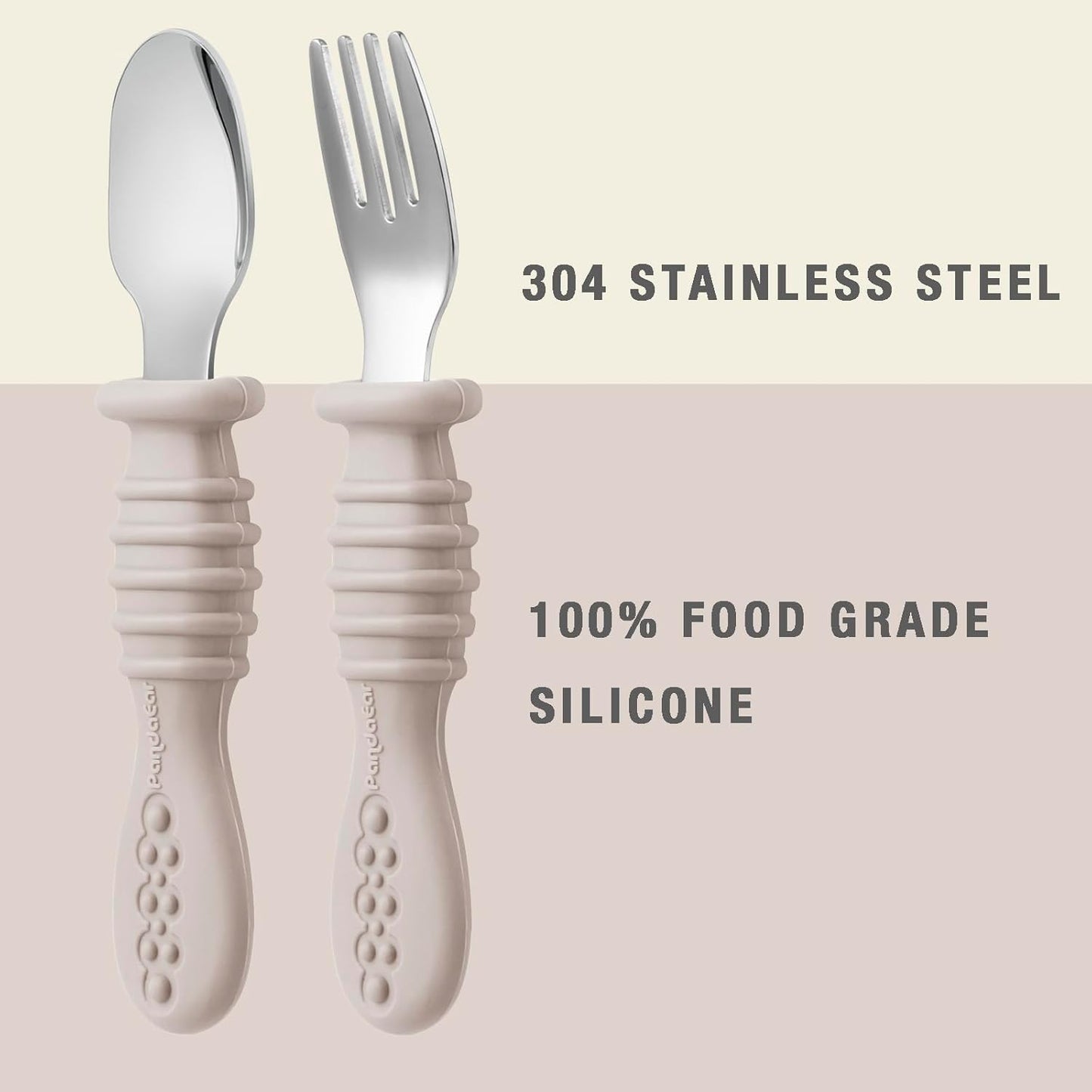 PandaEar Toddler Fork and Spoon Utensil Set - BPA-Free Silicone & Stainless Steel | 6 Pack in Walnut, Linen & Brown