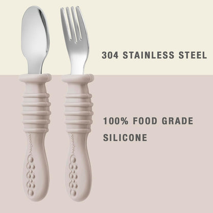 PandaEar Toddler Fork and Spoon Utensil Set - BPA-Free Silicone & Stainless Steel | 6 Pack in Walnut, Linen & Brown